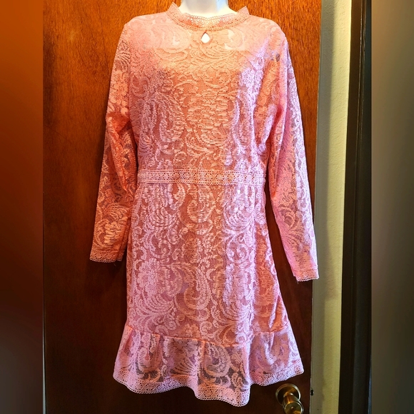 Handmade Dresses & Skirts - Pretty in Pink lace lined handmade long sleeve stretch lace dress szM